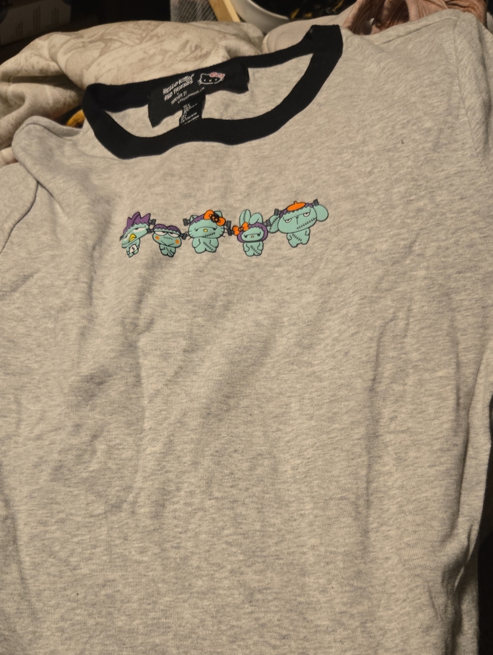 Hello Kitty Large Heather Gray Tee with Mint Character Row and Black Neckline